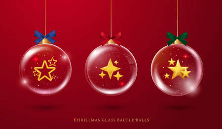 Christmas glass bauble balls, realistic on red background. glass globe stands for Christmas and New Year winter holiday, crystal baubles decoration with snow snowflakes. vector design.のイラスト素材