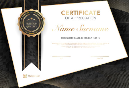 Modern certificate of appreciation template with elegant gold and black design, premium quality badge, customizable name and signature area, perfect for awards, achievement or recognition.のイラスト素材