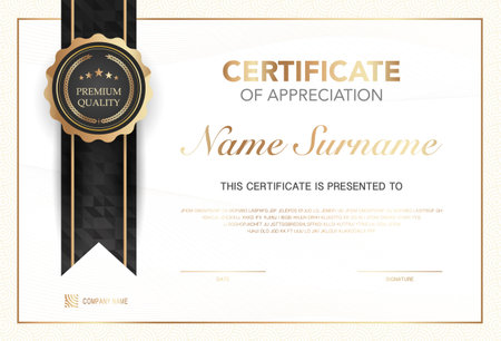 Modern certificate of appreciation template with elegant gold and black design, premium quality badge, customizable name and signature area, perfect for awards, achievement or recognition.のイラスト素材