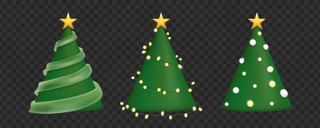 3D Christmas trees different shapes on white background. realistic 3d design cartoon style for christmas with decorative holiday elements. vector design.のイラスト素材