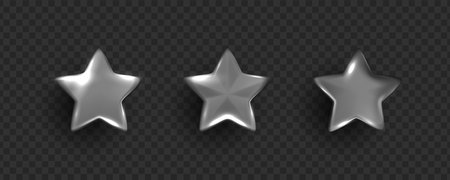 3D silver stars different shapes on white background. stars glossy colors. realistic 3d design cartoon style for christmas with decorative holiday elements. vector design.のイラスト素材