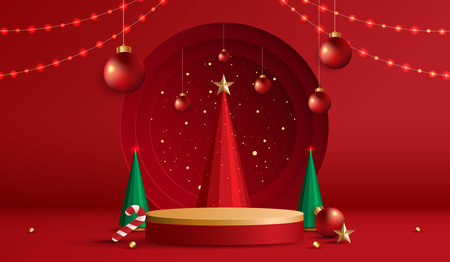 Podium stage for show product display for festive decoration christmas day or new years. stand product showcase on red background with lighting christmas or presentation. vector design.のイラスト素材