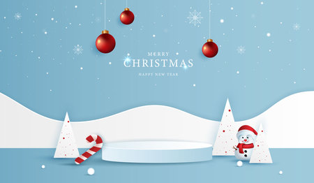 Podium stage for show product display for festive decoration christmas day or new years. stand product showcase on red background with lighting christmas or presentation. vector design.のイラスト素材