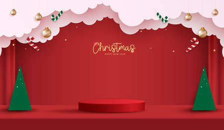 Podium stage for show product display for festive decoration christmas day or new years. stand product showcase on red background with lighting christmas or presentation. vector design.のイラスト素材