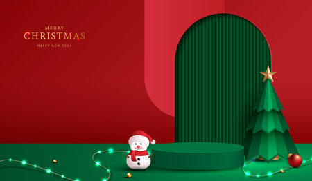 Podium stage for show product display for festive decoration christmas day or new years. stand product showcase on red background with lighting christmas or presentation. vector design.のイラスト素材