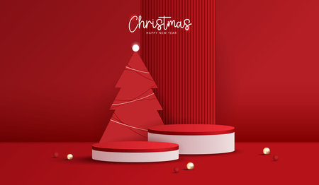 Podium stage for show product display for festive decoration christmas day or new years. stand product showcase on red background with lighting christmas or presentation. vector design.のイラスト素材