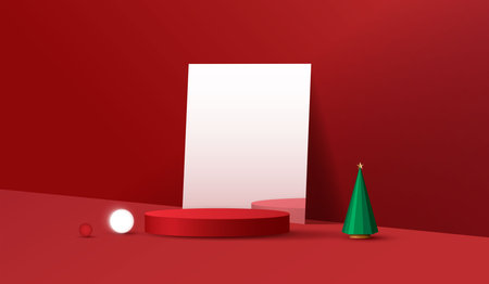 Podium stage for show product display for festive decoration christmas day or new years. stand product showcase on red background with lighting christmas or presentation. vector design.のイラスト素材