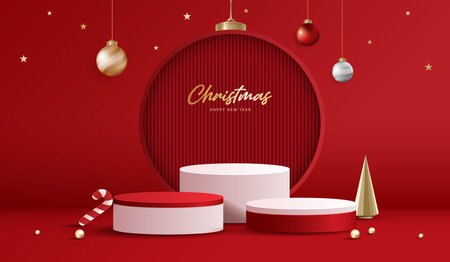 Podium stage for show product display for festive decoration christmas day or new years. stand product showcase on red background with lighting christmas or presentation. vector design.のイラスト素材