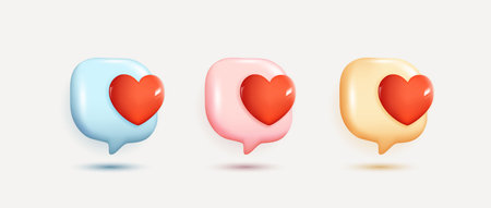 Chat speech bubble with 3d hearts. social media like icon. chat love message with cute 3d hearts. valentine's Day. app love comment. social media concept, love emoticon. 3d vector.のイラスト素材