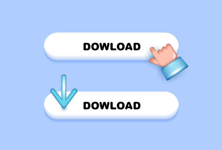 3D download button icon with arrow and hand click symbol, digital interface design, web app UI...