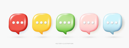 Set of colorful 3D speech bubble icons with ellipsis dots. Minimal chat message notification symbols...