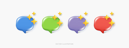 Set of colorful 3D speech bubbles with magic sparkle icons. Glossy chat boxes for AI assistant conversation, smart messaging, and creative content generation. Vector isolated on white background.のイラスト素材
