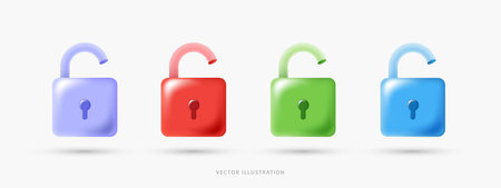 3D Vector Unlocked Padlock Icon Set, Colorful Glossy Open Lock Symbols for Access Granted, Cyber Security Authorization and Digital Privacy UI UX Design Elements on White Background.のイラスト素材