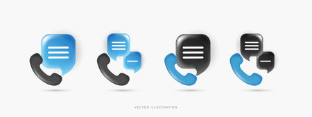 3D Vector Phone Receiver with Speech Bubbles Set, Black and Blue Telephone Handset Icons for Customer Support Messaging and Contact Center UI UX Design Elements on Isolated Background.のイラスト素材