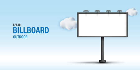 Outdoor Billboard Mockup Banner, Blank Vertical City Light Poster with Clouds for Advertising and Marketing Display, Real Estate Signage and Promotion Design Template on Blue Background.のイラスト素材