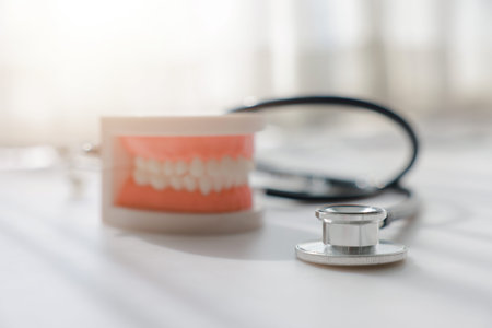 Dental plastic tooth model and stethoscope on white background with soft sunlight. Concept of dental...