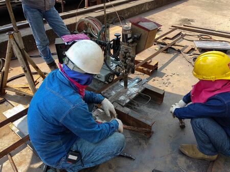 Welder Qualification Testing(WQT) of process Submerged Arc Welding(SAW) before actually starting the welding job, at industrial factory.の写真素材