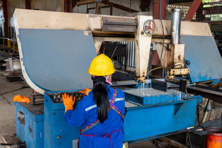 Worker cutting steel H-beam by Automatic metal cutting band saw machine.