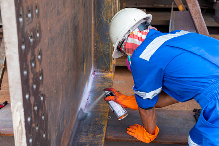 Step to use developer spray into the welded to pull the liquid penetrate from the defect for Non-Destructive Testing with process Penetrant Testing(PT)の写真素材