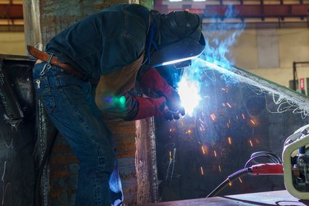A welder is welding the stiffener of steel structuring with Flux-cored arc welding, at an industrial...