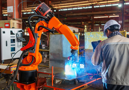 <p>Robotic Welding Machine, Technicians Welding a Steel Plate of Steel Structure with Robotic Welding or Robotic Arm Welding at Industrial Factory.</p>の写真素材