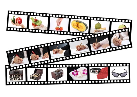 Three film strips with photos on white background