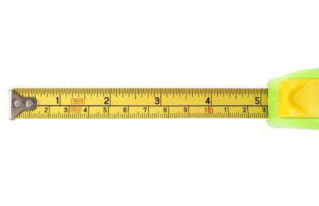 Closeup image of tools, yellow tape measure on white background 
