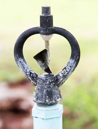 Closeup image of sprinkler in green garden の写真素材