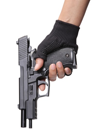 woman holding her pistol for loading ammunition on white background の写真素材