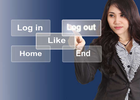 Business woman push her finger log out button on touchscreen