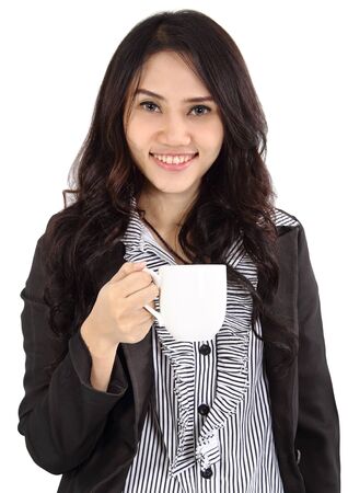 Image of asian business woman drinking coffee on white backgroundの写真素材