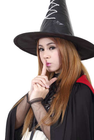 Image of portrait asian woman in black hat and black clothing on halloweenの写真素材