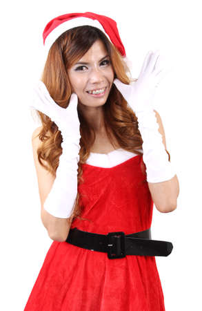 Image of asian woman wearing santa claus clothes and red hat  on white backgroundの写真素材