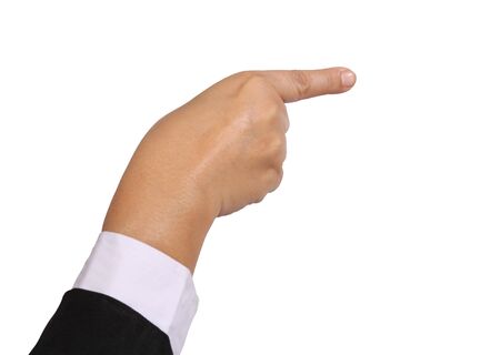 image of business woman point her finger to the right on white backgroundの写真素材