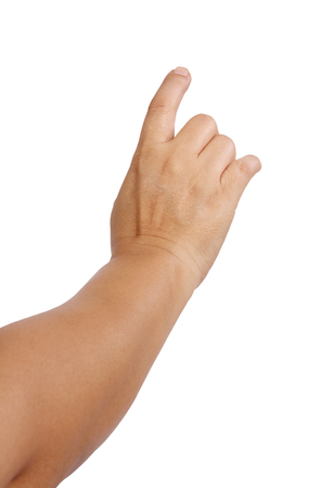 Closeup image of woman hand and point to front on white backgroundの写真素材
