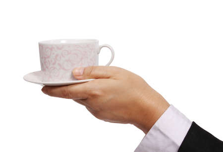 Closeup image of business woman holding her hot coffee on white backgroundの写真素材