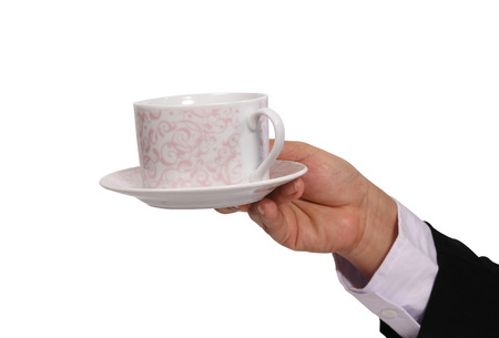 Closeup image of business woman holding her hot coffee on white backgroundの写真素材