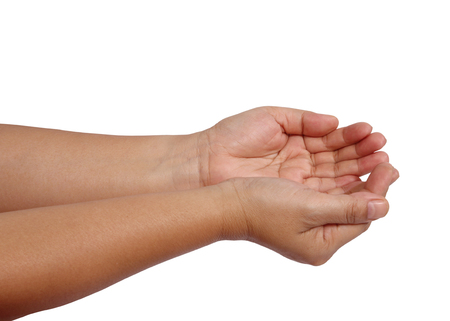 Closeup image of asian woman open her hands on white backgroundの写真素材