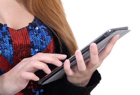 Closeup images of asian woman touch her tablet on white backgroudの写真素材