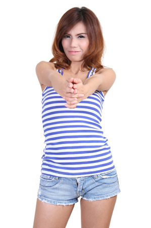 Image of beautiful asian woman in vest and short jeans fashion on white backgroundの写真素材