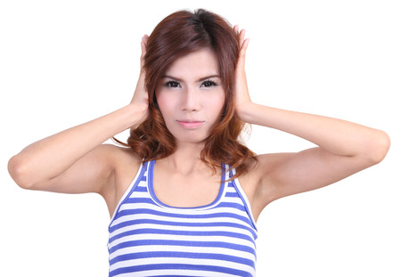 Image of beautiful asian woman in vest and short jeans fashion on white backgroundの写真素材