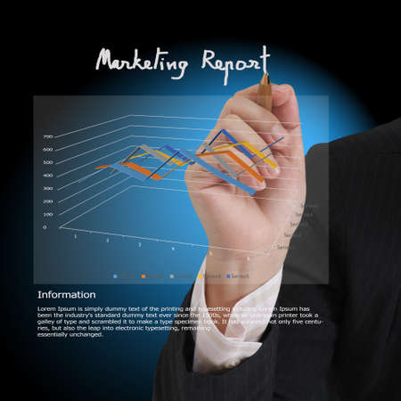 Image of businessman hand point to business graph on white backgroundの写真素材
