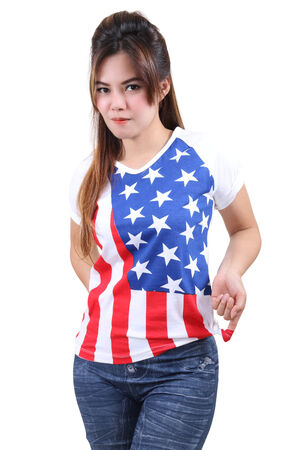 Image of beautiful asian woman in fashion american flag t-shirtの写真素材
