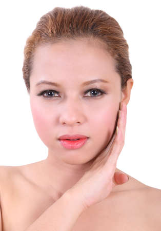closeup image of portrait beauty young asian woman on White Backgroundの写真素材