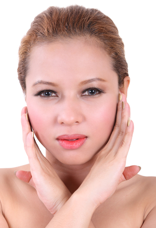 closeup image of portrait beauty young asian woman on White Backgroundの写真素材