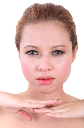 closeup image of portrait beauty young asian woman on White Backgroundの写真素材