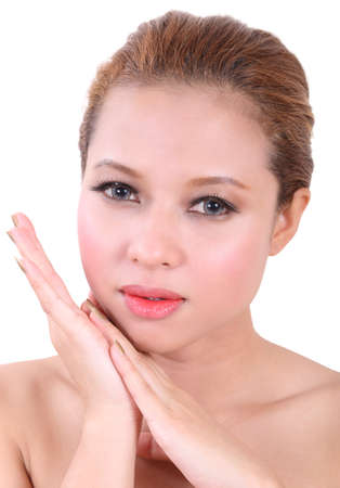closeup image of portrait beauty young asian woman on White Backgroundの写真素材