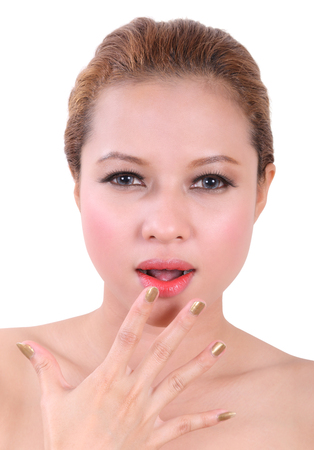 closeup image of portrait beauty young asian woman on White Backgroundの写真素材