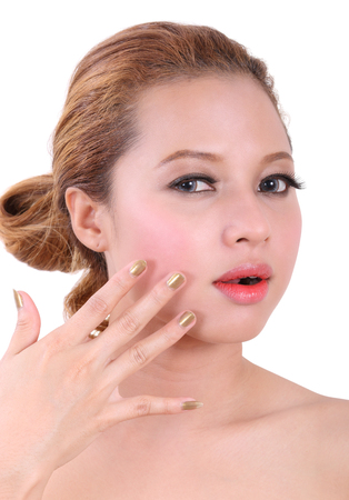 closeup image of portrait beauty young asian woman on White Backgroundの写真素材