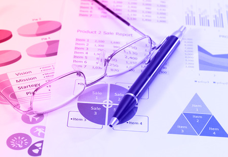 closeup image of business and graphic report for business and financeの写真素材